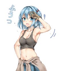 Rule 34 | 1girl, amagi (amagi626), arm up, armpits, bare arms, bare shoulders, black tank top, blue eyes, blue hair, blue skirt, blush, breasts, brown gloves, check commentary, cleavage, clothes around waist, collarbone, commentary request, cowboy shot, crop top, flying sweatdrops, gloves, grey jacket, groin, hair between eyes, hair bobbles, hair ornament, hand on own hip, highres, jacket, jacket around waist, kawashiro nitori, large breasts, looking at viewer, midriff, navel, no headwear, open mouth, short hair, simple background, skirt, solo, standing, stomach, sweat, swept bangs, tank top, touhou, translated, two side up, white background