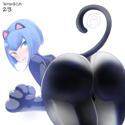 Rule 34 | 1girl, against fourth wall, animal ears, animal hands, artist request, ass, ass focus, ass press, blue eyes, blue hair, bodysuit, breasts, catsuit, come hither, fake animal ears, fangs, from behind, girlfriend beta, gloves, huge ass, looking at viewer, looking back, medium breasts, paw gloves, shiny clothes, short hair, skin tight, smile, solo, tail