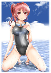 Rule 34 | 1girl, competition swimsuit, goggles, goggles around neck, highleg, highleg swimsuit, highres, mashinatsu, one-piece swimsuit, original, ponytail, red eyes, red hair, solo, swimsuit