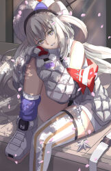 Rule 34 | 1girl, bare shoulders, breasts, dress, fate/grand order, fate (series), gradient hair, grey hair, grin, hat, highres, jacket, ksfactory, long hair, long sleeves, looking at viewer, marie antoinette (alter) (fate), marie antoinette (alter) (first ascension) (fate), marie antoinette (fate), medium breasts, multicolored hair, off shoulder, open clothes, open jacket, short dress, sidelocks, single thighhigh, sitting, smile, solo, thighhighs, thighs, two side up, white dress, white hair, white hat, white jacket, yellow eyes