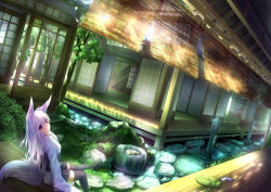 Rule 34 | 1girl, animal ears, architecture, black thighhighs, window blinds, dutch angle, east asian architecture, garden, hand fan, japanese clothes, light rays, long hair, long sleeves, looking at viewer, looking back, nagishiro mito, original, paper fan, pleated skirt, purple hair, red eyes, rock, sandals, sitting, skirt, sliding doors, solo, stone, stone lantern, stream, sunbeam, sunlight, tail, thighhighs, tree, uchiwa, veranda, water, wind chime, wolf ears