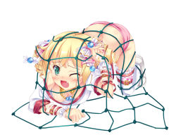 Rule 34 | 1girl, all fours, blonde hair, blush, breasts, drill hair, fang, green eyes, jewelry, necklace, net, one eye closed, open mouth, panties, ribbon, sekine irie, solo, tears, thighhighs, twin drills, twintails, underwear, white background