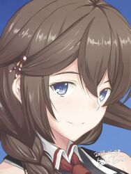 Rule 34 | 1girl, artist name, bare shoulders, black shirt, blue background, blue eyes, braid, braided ponytail, brown hair, collared shirt, commentary request, dated, hair between eyes, hair ornament, highres, kantai collection, looking at viewer, necktie, ponytail, red necktie, shigure (kancolle), shigure kai san (kancolle), shirt, simple background, sleeveless, sleeveless shirt, smile, solo, taira yuuki