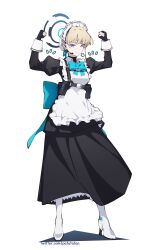 Rule 34 | 1girl, absurdres, apron, black gloves, blonde hair, blue archive, blue eyes, bow, bowtie, clenched hands, commentary request, fingerless gloves, full body, gloves, hair between eyes, hair bun, hands up, headset, highres, long hair, long sleeves, looking at viewer, maid, maid apron, maid headdress, patatatan, sidelocks, simple background, single hair bun, solo, standing, toki (blue archive), transparent background