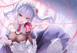 Rule 34 | 1girl, apple, bare shoulders, blue eyes, breasts, comic kairakuten, corset, dress, food, frills, fruit, hair ornament, highres, holding, holding food, holding fruit, large breasts, long hair, looking at viewer, maid, maid headdress, michiking, necktie, nipples, open mouth, original, red necktie, red ribbon, ribbon, see-through, short necktie, smile, solo, two side up