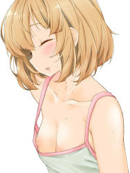 Rule 34 | 10s, 1girl, :o, alternate costume, bare shoulders, blonde hair, blush, breasts, camisole, casual, closed eyes, collarbone, fang, from side, girls und panzer, itou ayachi, katyusha (girls und panzer), nipple slip, nipples, parted lips, short hair, sideways mouth, simple background, sleeveless, small breasts, solo, sweat, upper body, white background