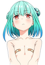 Rule 34 | bandaid, bandaids on nipples, blush, breasts, double bun, eyes visible through hair, frown, green hair, hair bun, hair ornament, happycalpis, hololive, looking at viewer, pasties, red eyes, simple background, skull hair ornament, small breasts, solo, tagme, topless, upper body, uruha rushia, virtual youtuber, white background