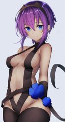 Rule 34 | 1girl, arms behind back, bare shoulders, black legwear, blue eyes, blue flower, blush, bokokichi (you), breasts, center opening, dark-skinned female, dark skin, detached sleeves, fate/prototype, fate/prototype: fragments of blue and silver, fate (series), flower, hair between eyes, hairband, hassan of serenity (fate), hip focus, looking at viewer, looking to the side, medium breasts, navel, purple hair, revealing clothes, ribbon, short hair, sideboob, simple background, smile, solo