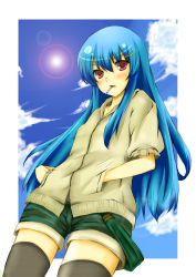 Rule 34 | 1girl, alternate costume, bad id, bad pixiv id, blue hair, casual, contemporary, female focus, hands in pockets, hinanawi tenshi, long hair, oktbatch, outdoors, red eyes, shorts, sky, solo, thighhighs, touhou