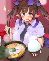 Rule 34 | 1girl, alternate breast size, blush, bowl, breast rest, breasts, brown hair, checkered clothes, checkered skirt, chopsticks, collar, fang, food, frilled collar, frills, hat, highres, himekaidou hatate, himeshita johnny mafuyu, holding, holding chopsticks, necktie, noodles, pointy ears, purple eyes, purple shirt, ramen, rice, rice bowl, shirt, short sleeves, skirt, solo, tokin hat, touhou, twintails, v-shaped eyebrows