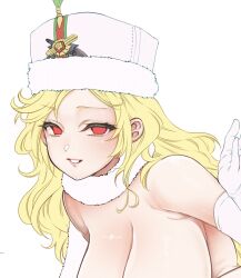 Rule 34 | 1girl, blonde hair, blush, breasts, cleavage, elbow gloves, fujii mochi, fur-trimmed headwear, fur collar, fur trim, gloves, goddess of victory: nikke, grin, large breasts, long hair, looking at viewer, ludmilla (nikke), red eyes, smile, solo, unfinished, wavy hair, white gloves