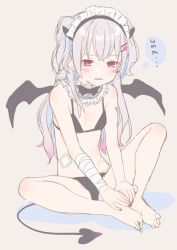 Rule 34 | 1girl, bandages, bandaged arm, bandages, bandaid, bare legs, bare shoulders, barefoot, bikini, black bikini, black nails, demon tail, demon wings, detached collar, frown, gradient hair, hair ornament, hairclip, headdress, highres, horns, jimmy madomagi, long hair, looking at viewer, multicolored hair, nail polish, original, parted lips, red eyes, scar, sidelocks, silver hair, sitting, sketch, solo, swimsuit, tail, wings