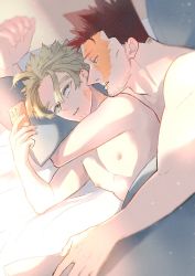 Rule 34 | 2boys, 2d ume, bed, blonde hair, blue eyes, boku no hero academia, burn scar, cellphone, couple, cuddling, endeavor (boku no hero academia), eye contact, facial hair, from above, hawks (boku no hero academia), highres, holding, holding phone, light particles, looking at another, male focus, mature male, multiple boys, nipples, phone, red hair, scar, scar across eye, scar on face, scar on neck, sideburns, size difference, stubble, sunlight, topless male, yaoi