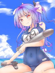 Rule 34 | 10s, 1girl, bare shoulders, beach, blue hair, blue sky, breast press, breast rest, breasts, cannon, cloud, covered navel, day, gradient hair, hair ribbon, i-19 (kancolle), kantai collection, large breasts, long hair, looking at viewer, multicolored hair, name tag, ocean, one-piece swimsuit, outdoors, ra-yu, red eyes, ribbon, school swimsuit, sitting, sky, smile, solo, swimsuit, torpedo, twintails