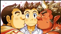 Rule 34 | 3boys, bara, beard stubble, black border, bombom, border, broken horn, brown eyes, brown hair, cheek kiss, closed eyes, closed mouth, collared shirt, colored skin, double cheek kiss, facial hair, forked eyebrows, game cg, horns, kiss, kissing cheek, long sideburns, male focus, monster boy, multiple boys, muscular, muscular male, official art, ogre, oni horns, orgus (f-kare), outline, pink outline, pointy ears, protagonist (f-kare), red skin, scar, scar on face, scar on nose, shirt, short hair, shoukan yuusha to f-kei kareshi, sideburns, sideburns stubble, simple background, sol (f-kare), stubble, sweatdrop, thick eyebrows, upper body, white background, white shirt, yaoi