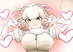 Rule 34 | &gt;:), 1girl, animal ears, arms up, blonde hair, blush stickers, breasts, brown hair, closed mouth, curly hair, double v, elbow gloves, fingerless gloves, fur-trimmed sleeves, fur trim, furry, gloves, heart, horizontal pupils, iwabiihaporn, jacket, kemono friends, large breasts, looking at viewer, medium hair, multicolored hair, sheep (kemono friends), sheep ears, short sleeves, smile, solo, sparkle, upper body, v, v-shaped eyebrows, yellow eyes, zipper, zipper pull tab