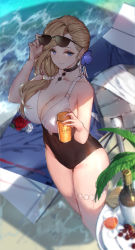 Rule 34 | 1girl, adjusting eyewear, anklet, azur lane, bare arms, bare shoulders, beach, black choker, blonde hair, blue eyes, breasts, choker, cleavage, collarbone, cup, day, drinking glass, eyewear on head, flower, hair flower, hair ornament, hair over shoulder, hand on eyewear, hand up, highres, hood (azur lane), hood (lady of the shining sun) (azur lane), jewelry, large breasts, long hair, looking at viewer, one-piece swimsuit, outdoors, rose, smile, solo, standing, sunglasses, sunglasses on head, swd3e2, swimsuit, thighs, water, wet, wine glass