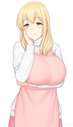 Rule 34 | 10s, 1girl, apple, apron, blonde hair, blush, breasts, brown eyes, commentary, commentary request, food, fruit, hand on own face, highres, huge breasts, long hair, looking at viewer, lvl (sentrythe2310), mature female, raised eyebrows, ribbed sweater, simple background, smile, solo, sunohara ayaka, sunoharasou no kanrinin-san, sweater, white background