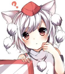 Rule 34 | 1girl, ?, animal ears, bad id, bad twitter id, blush, brown eyes, detached sleeves, hat, inubashiri momiji, karasusou nano, looking at viewer, parted lips, pom pom (clothes), short hair, simple background, solo, tokin hat, touhou, upper body, white background, white hair, wolf ears