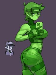 2girls absurdres ass awaria closed_eyes colored_skin drooling ghost gloves green_eyes green_gloves green_hair green_pants green_skin hat highres holding holding_phone multiple_girls navel nikita_naprava pants phone purple_background purple_hat selfie soldat_(dndosld73832) standing torn_clothes torn_pants ula_usterka