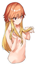 Rule 34 | 1girl, blonde hair, breasts, closed mouth, hands up, highres, idolmaster, idolmaster cinderella girls, long hair, looking at viewer, muchi maro, multicolored hair, navel, ninomiya asuka, nipples, nude, orange hair, pointy breasts, red eyes, simple background, small breasts, solo, stomach, two-tone hair, upper body, white background