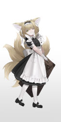 Rule 34 | 1girl, absurdres, alternate costume, animal ears, apron, arknights, black dress, black footwear, blonde hair, braid, braided hair rings, chinese commentary, closed mouth, commentary request, dress, enmaided, fox ears, fox girl, fox tail, gloves, green eyes, hair ribbon, hair rings, highres, holding, holding suitcase, kitsune, kyuubi, maid, maid apron, maid headdress, medium dress, multiple tails, one eye closed, pantyhose, puffy short sleeves, puffy sleeves, revision, ribbon, shoes, short hair, short sleeves, simple background, solo, suitcase, suyi-j, suzuran (arknights), tail, twin braids, white apron, white background, white gloves, white pantyhose, white ribbon