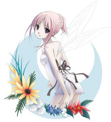Rule 34 | 1girl, ass, back, bare shoulders, blue eyes, bomi, braid, breasts, crescent, dress, earrings, fairy, fairy wings, flat chest, flower, grin, jewelry, leaf, leaning forward, looking at viewer, looking back, no panties, pink hair, pointy ears, ponytail, profile, ribbon, short dress, short hair, side slit, sidelocks, small breasts, smile, solo, standing, tattoo, wings