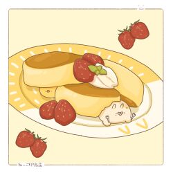 Rule 34 | border, cat, food, food focus, fork, fruit, hennekko, highres, holding, holding fork, no humans, original, pancake, plate, simple background, strawberry, whipped cream, white border, yellow background