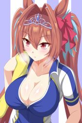 Rule 34 | 1girl, alternate costume, animal ears, antenna hair, blush, bow, breasts, cleavage, commentary request, daiwa scarlet (umamusume), gurukorian, hair between eyes, hair bow, hair intakes, holding, holding towel, horse ears, horse girl, long hair, open mouth, partially unzipped, red bow, red eyes, red hair, short sleeves, solo, sweat, tiara, towel, twintails, umamusume, upper body, very long hair