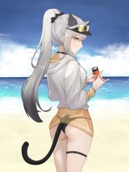 Rule 34 | 1girl, alternate costume, animal ears, arknights, ass, bikini, bikini under clothes, black bikini, black choker, black hair, blue sky, can, cat ears, cat girl, cat tail, choker, closed mouth, cloud, cowboy shot, day, extra ears, from behind, gradient hair, grey hair, highres, holding, holding can, long hair, long sleeves, looking at viewer, looking back, multicolored hair, ocean, outdoors, round eyewear, schwarz (arknights), see-through, sidelocks, sky, solo, sunglasses, swimsuit, tail, thigh strap, tinted eyewear, water, wl217 (nicexa111), yellow-tinted eyewear, yellow eyes