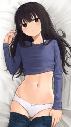 Rule 34 | 1girl, akipeko, arm up, bad id, bad twitter id, bed, black hair, blue shirt, bow, bow panties, breasts, brown eyes, clothes lift, clothes pull, denim, expressionless, highres, jeans, long hair, lying, navel, on back, original, panties, pants, pants pull, pulled by self, shirt, shirt lift, small breasts, solo, thigh gap, thighs, underwear, white panties