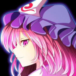 Rule 34 | 1girl, bad id, bad pixiv id, blush, glowing, hat, looking at viewer, lowres, mob cap, oimo (imoyoukan), pink eyes, pink hair, portrait, profile, saigyouji yuyuko, short hair, smile, solo, touhou, triangular headpiece