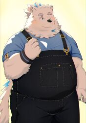 Rule 34 | 1boy, absurdres, alternate costume, animal ears, bara, belly, blue fur, blush, bulge, cowboy shot, denim overalls, dog boy, dog ears, fat, fat man, furry, furry male, hand up, highres, live a hero, looking to the side, male focus, multicolored hair, nyaoru (ruoain), one eye closed, overalls, solo, streaked hair, thick eyebrows, white fur, yohack