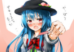 Rule 34 | 1girl, :o, amamitsu kousuke, bad id, bad nicoseiga id, blouse, blue hair, blush, bow, bowtie, collared shirt, fang, food, fruit, hair between eyes, hat, hinanawi tenshi, leaf, long hair, looking at viewer, open mouth, peach, pink background, pregnancy test, pregnant, puffy short sleeves, puffy sleeves, purple background, rainbow order, red bow, red bowtie, red eyes, scarlet weather rhapsody, shirt, short sleeves, simple background, sketch, solo, tears, teeth, touhou, upper body, white background, white shirt