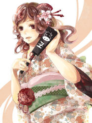 Rule 34 | 1girl, blush, flower, hair flower, hair ornament, japanese clothes, kanzashi, kimono, long hair, obi, pink hair, red eyes, red hair, ribbon, sakuragi kei, sash, smile, solo