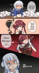 Rule 34 | 2girls, 4koma, aqua eyes, aqua hair, blush, breasts, closed eyes, comic, english text, eyepatch, female focus, female pervert, fins, fish, fish tail, gawr gura, gawr gura (1st costume), gloves, hat, heart, highres, hololive, hololive english, houshou marine, houshou marine (1st costume), kneeling, large breasts, long hair, looking at another, multiple girls, open mouth, pervert, pompmaker1, red eyes, red hair, scared, shaded eyes, shark girl, shark tail, speech bubble, spoken heart, sweat, tail, tareme, twintails, undressing, virtual youtuber, you gonna get raped, yuri