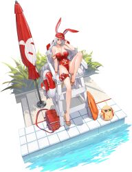 Rule 34 | 1girl, absurdly long hair, animal ears, azur lane, bare shoulders, baseball cap, beach umbrella, breasts, cleavage, closed umbrella, collarbone, dishwasher1910, doughnut innertube, expressions, fake animal ears, feet, flip-flops, full body, grey hair, hair over one eye, hat, highleg, highleg swimsuit, highres, large breasts, leg up, legs, lifebuoy, lifeguard, lifeguard chair, long hair, looking at viewer, manjuu (azur lane), mole, mole on body, mole under eye, nail polish, official alternate costume, official art, one-piece swimsuit, one eye covered, pool, pouch, prinz heinrich (azur lane), prinz heinrich (rabbit on watch) (azur lane), promotional art, red eyes, red hat, red one-piece swimsuit, sandals, solo, strapless, strapless one-piece swimsuit, sunglasses, swim ring, swimsuit, thigh pouch, toenail polish, toenails, toes, transparent background, umbrella, very long hair, water, whistle, whistle around neck, white hair