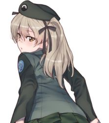 Rule 34 | 10s, 1girl, beret, black hat, black jacket, black ribbon, black skirt, brown eyes, emblem, from behind, girls und panzer, hair ribbon, hat, highres, jacket, japanese tankery league (emblem), leaning forward, light brown hair, long hair, looking at viewer, looking back, miniskirt, onsen tamago (hs egg), parted lips, pleated skirt, ribbon, selection university (emblem), selection university military uniform, shimada arisu, side ponytail, simple background, skirt, solo, standing, upper body, white background