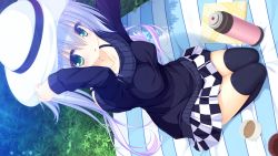 Rule 34 | 1girl, :o, arms up, black thighhighs, blush, bra strap, collarbone, dutch angle, from above, game cg, grass, green eyes, hat, highres, kururu (world election), legs together, looking at viewer, mikagami mamizu, picnic, plaid, plaid skirt, silver hair, sitting, skirt, solo, sweater, thighhighs, world election