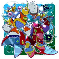 Rule 34 | 2boys, ^ ^, air bubble, android, border, bubble, bubble crab (mega man), clenched hands, closed eyes, commentary request, crush crawfish (mega man), closed eyes, gloves, in bubble, looking at viewer, male focus, mega man (series), mega man x2, mega man x3, mega man x (series), multiple boys, napo, pincers, robot, spikes, underwater, white border, white gloves