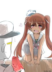 Rule 34 | 10eki (tenchou), 10s, 1boy, 1girl, admiral (kancolle), anchor, bare shoulders, brown hair, dark skin, dress, fang, food, fruit, hair ribbon, hat, heart, highres, kantai collection, leaning forward, libeccio (kancolle), long hair, military, military uniform, open mouth, peaked cap, red eyes, ribbon, sailor dress, skirt, sleeveless, smile, twintails, twitter username, uniform, watermelon, white skirt