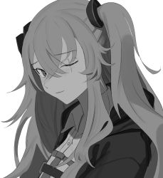 Rule 34 | 1girl, collared shirt, from side, girls&#039; frontline, greyscale, highres, jacket, long hair, looking at viewer, merri mack, mod3 (girls&#039; frontline), monochrome, one eye closed, one side up, open clothes, open jacket, scar, scar across eye, scar on face, shirt, simple background, smile, solo, two side up, ump45 (mod3) (girls&#039; frontline), ump9 (girls&#039; frontline), upper body, white background