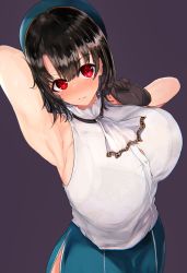 Rule 34 | 1girl, arm behind head, arm up, armpits, arms behind head, arms up, bad id, bad twitter id, bare shoulders, beret, black gloves, black hair, blue hat, blush, bra visible through clothes, breasts, bursting breasts, collarbone, cowboy shot, curvy, gloves, hat, highres, huge breasts, kantai collection, looking at viewer, military, military uniform, miyako (rgrayt), necktie, red eyes, shirt, short hair, sideboob, solo, takao (kancolle), uniform, white shirt