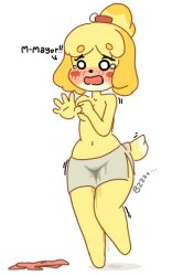 Rule 34 | 1girl, animal crossing, animal ears, animal nose, arm up, bad tag, barefoot, blonde hair, blush, blush stickers, body fur, breasts, covering breasts, covering privates, dog ears, dog girl, dog tail, embarrassed, english text, female focus, full body, furry, furry female, grey skirt, hair tie, hand up, isabelle (animal crossing), knees together feet apart, leg up, legs, miniskirt, navel, nintendo, nose blush, o o, open mouth, outstretched arm, parted bangs, pencil skirt, pink shirt, pussy juice, pyrpul, raised eyebrows, sex toy, shirt, short hair, side slit, simple background, skirt, small breasts, solo, standing, standing on one leg, stomach, surprised, tail, talking, tears, topknot, topless, trembling, two-tone fur, unworn shirt, vibrator, vibrator under clothes, wet, wet clothes, white background, white eyes, white fur, wide-eyed, yellow fur