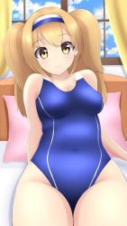 Rule 34 | 1girl, :3, absurdres, bed, blue sky, blush, breasts, brown eyes, cleavage, cloud, cloudy sky, covered navel, curtains, hair between eyes, hairband, highleg, highres, i-26 (kancolle), indoors, kantai collection, light brown hair, long hair, looking at viewer, medium breasts, new school swimsuit, nokonoko, on bed, one-piece swimsuit, pillow, school swimsuit, sitting, sky, swimsuit, two-tone hairband, two side up, window