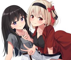 Rule 34 | 2girls, black hair, black hairband, blonde hair, bow, closed mouth, commentary request, grey shirt, hair bow, hairband, inoue takina, long hair, looking at viewer, lycoris recoil, multiple girls, nishikigi chisato, open clothes, open shirt, purple eyes, red bow, red eyes, red shirt, shirt, short hair, simple background, skirt, smile, syurimp, v, white background, white skirt