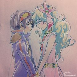 Rule 34 | 00s, 1boy, 1girl, blue hair, boota (ttgl), bracelet, couple, eye contact, flower, goggles, goggles on head, holding hands, hetero, jewelry, long hair, looking at another, lots of jewelry, multicolored hair, nia teppelin, nonosaki, simon (ttgl), smile, tengen toppa gurren lagann, two-tone hair