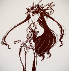 Rule 34 | 1girl, arm up, artist name, asymmetrical sleeves, bare arms, bare shoulders, commentary request, crown, detached sleeves, earrings, fate/grand order, fate (series), female focus, grey background, grin, hair ornament, hair ribbon, hoop earrings, ishtar (fate), jewelry, long hair, looking at viewer, monochrome, nail polish, naughty face, neck ring, pelvic curtain, red eyes, revealing clothes, ribbon, side slit, simple background, single sleeve, sketch, smile, solo, spot color, standing, strapless, tohsaka rin, toyoyuki, two side up, type-moon, uneven sleeves, very long hair