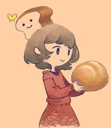 Rule 34 | 1girl, black eyes, bread, brown hair, bug, butterfly, food, food on head, bug, loaf of bread, long sleeves, niwabuki, no nose, object on head, original, pink background, short hair, smile, solo, upper body