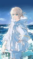 Rule 34 | 1boy, absurdres, androgynous, blue eyes, blue sky, closed mouth, coat, eyelashes, fate/grand order, fate (series), fingernails, hand in pocket, highres, holding, holding shoes, hood, hood down, hooded coat, long sleeves, male focus, oberon (fate), ocean, outdoors, shoes, shorts, sky, smile, solo, water drop, wet, white coat, white shorts, yurumawari